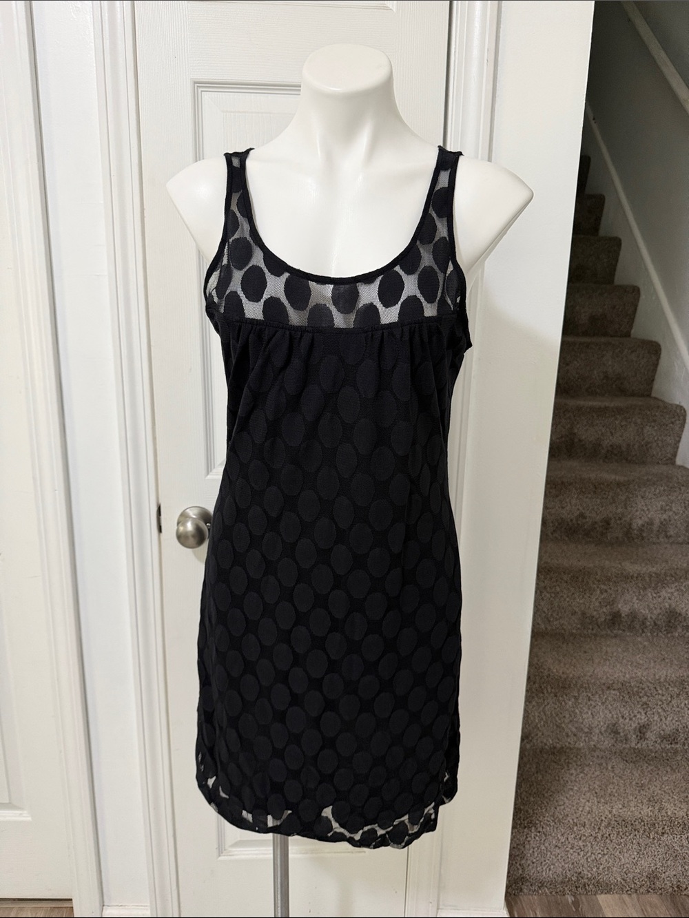 INC International Concepts Black Sleeveless Mini Dress with Dot Mesh Overlay